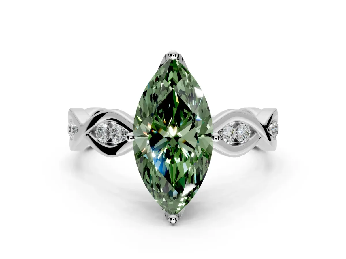 Solitaire Engagement Ring Setting for Fancy Green Marquise Center with Accented Twist Band and Leaf Prong Head in Sterling Silver