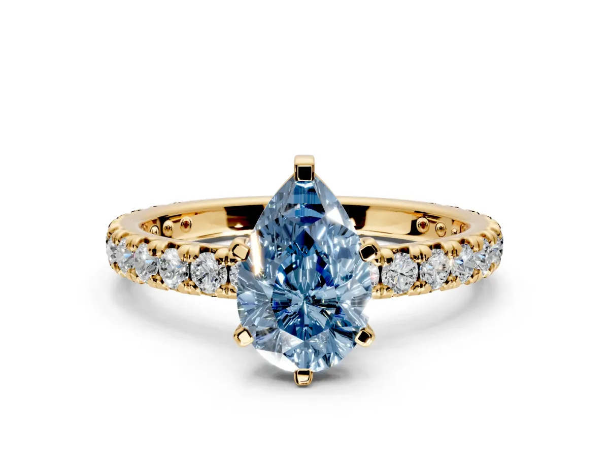 Solitaire Engagement Ring Setting for Fancy Blue Pear-Shaped Center with Shared-Prong Accents and Prong Head in Yellow Gold