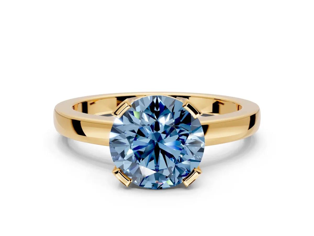 Solitaire Engagement Ring Setting for Fancy Blue Round Cut Center with Plain Band and Flat Tab Prong Head in Yellow Gold