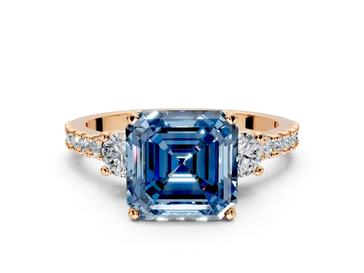 3 Stone Engagement Ring Setting for Fancy Blue Asscher Cut Center with Round Cut Side Accents and Prong Head in Rose Gold