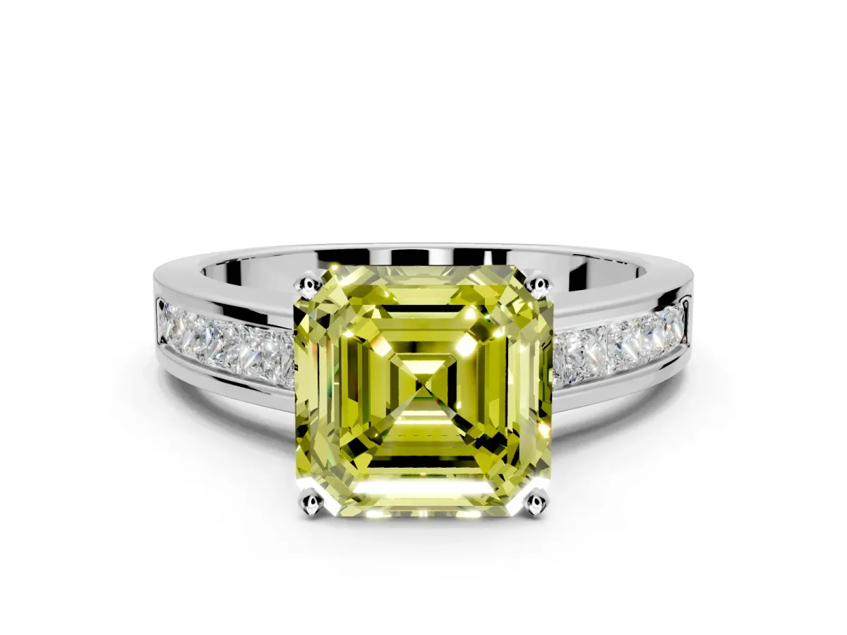 Solitaire Engagement Ring Setting for Fancy Yellow Asscher Cut Center with Princess Cut Channel Band and Prong Head in Sterling Silver