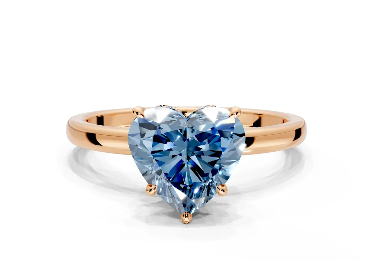 Hidden Halo Engagement Ring Setting for Fancy Blue Heart-Shaped Center with Plain Band and Tall Prong Head in Rose Gold
