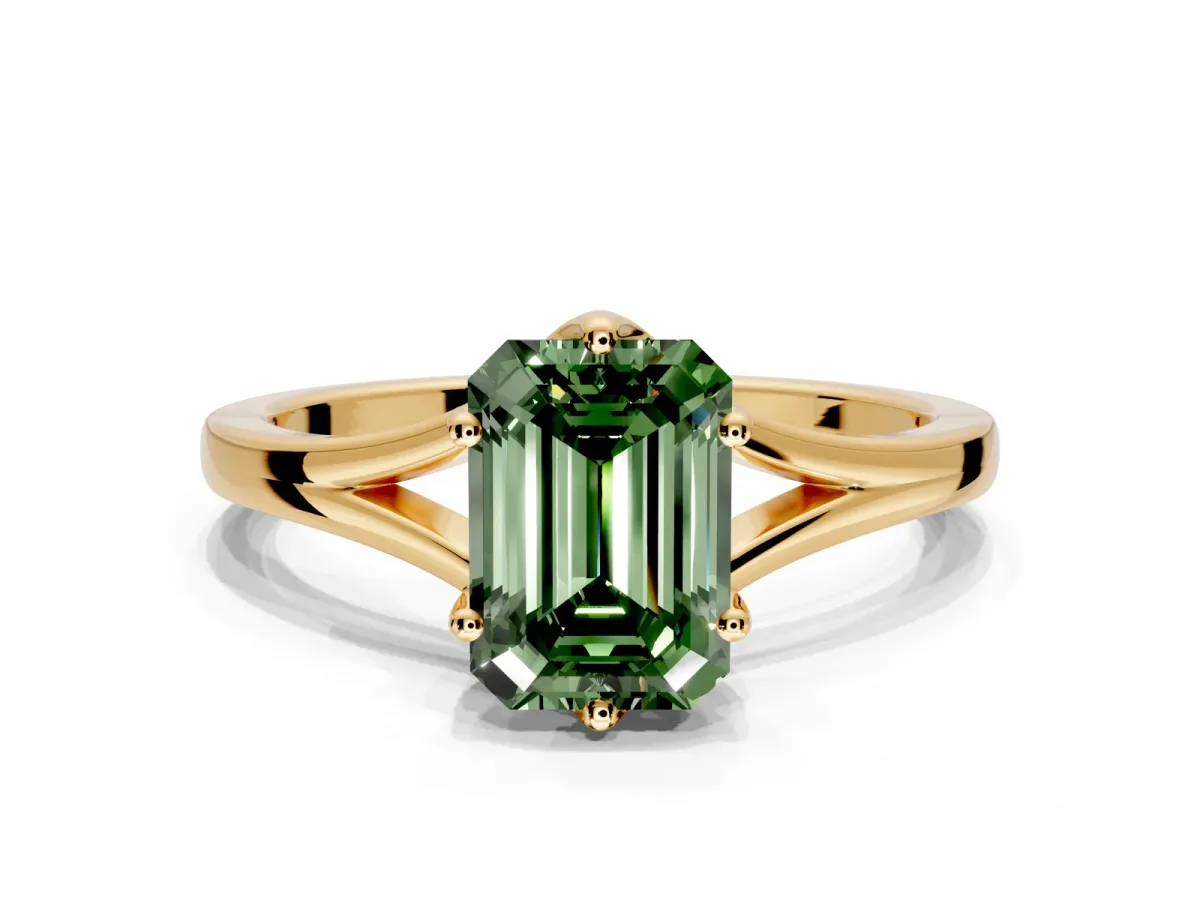 Solitaire Engagement Ring Setting for Fancy Green Emerald Cut Center with Plain Split Shank and Prong Head in Yellow Gold