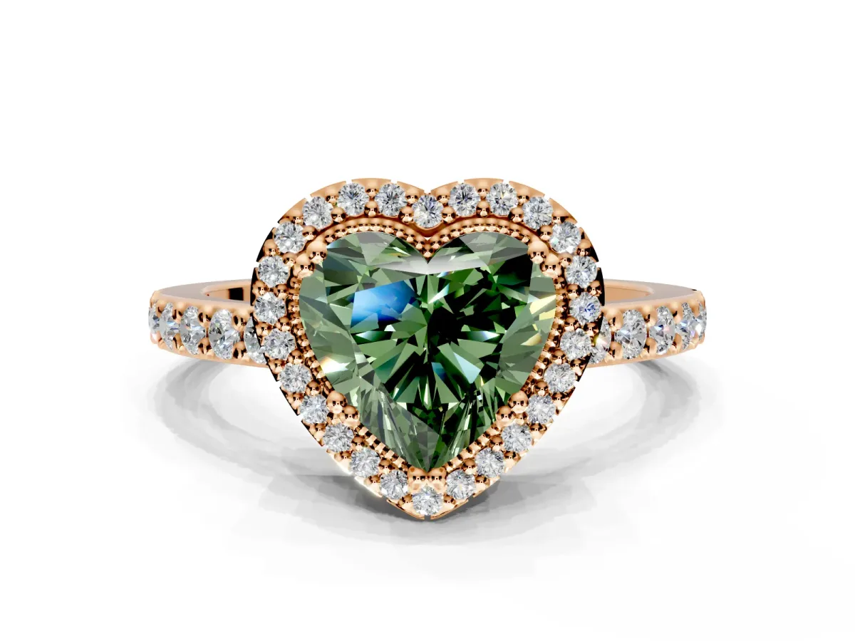 Halo Engagement Ring Setting for Fancy Green Heart-Shaped Center with Inner Milgrain Border and Prong Head in Rose Gold