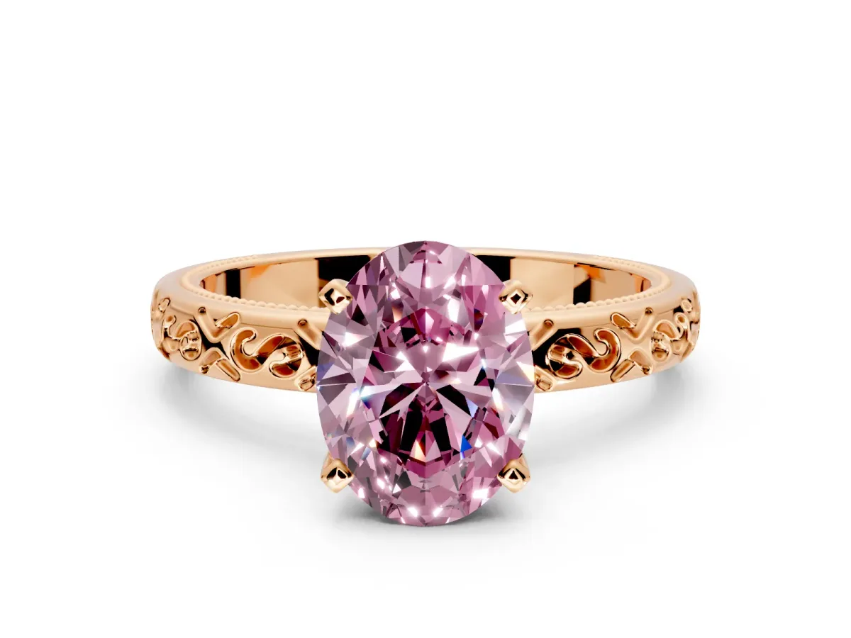 Solitaire Engagement Ring Setting for Fancy Pink Oval Center with Scrollwork Band and Prong Head in Rose Gold