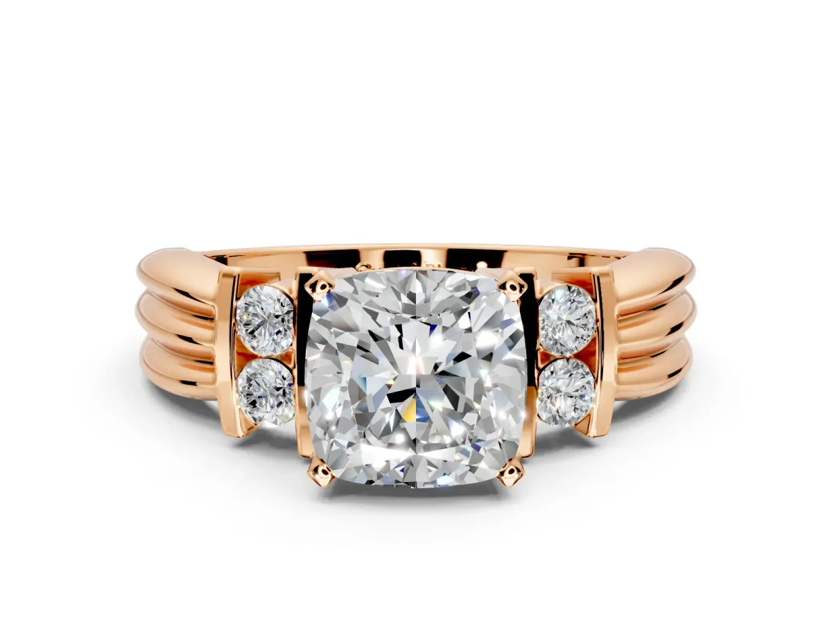 Solitaire Engagement Ring Setting for Cushion Cut Center with Grooved Bar Accent Band and Prong Head in Rose Gold