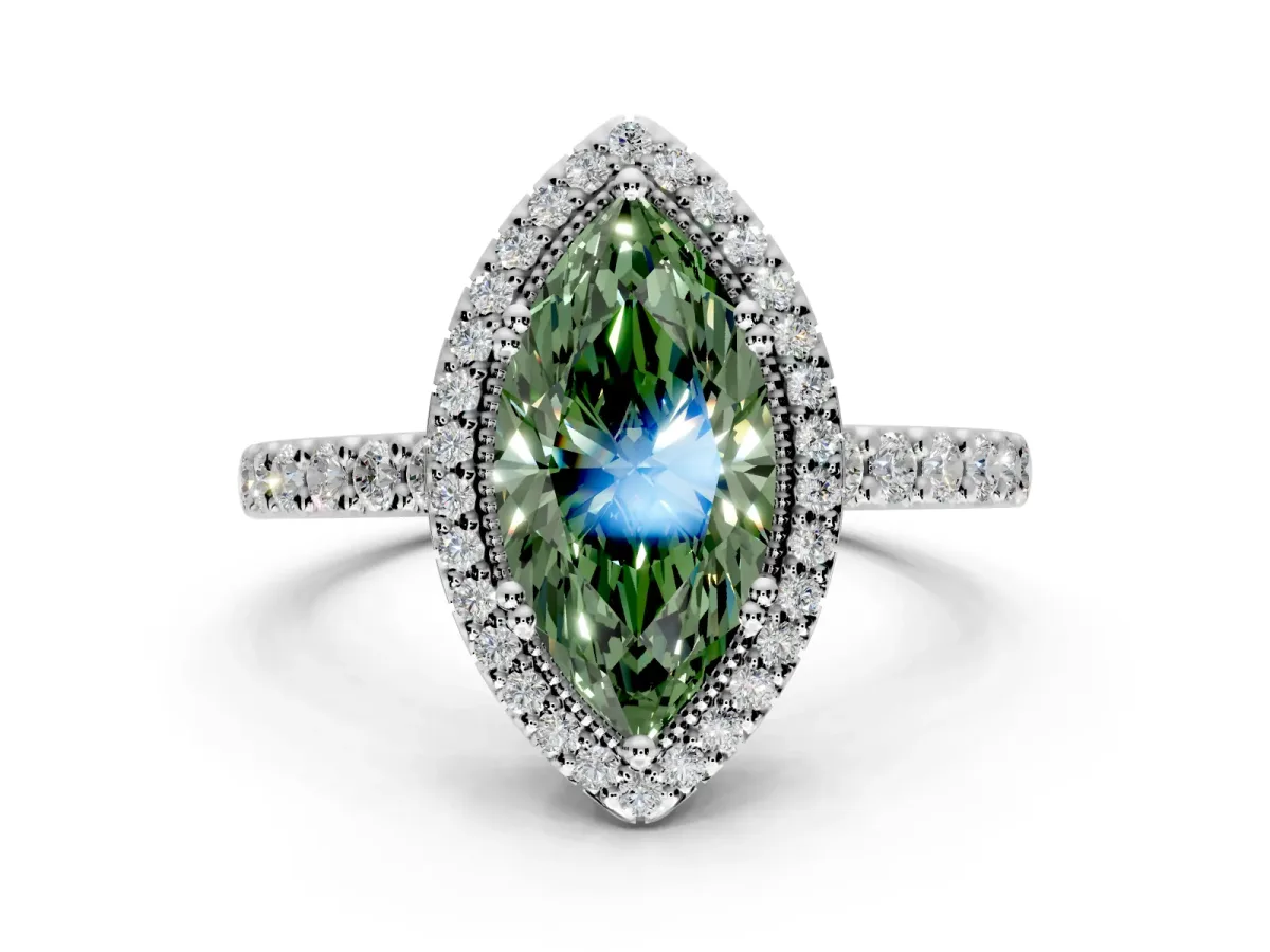 Halo Engagement Ring Setting for Fancy Green Marquise Center with Inner Milgrain Border and Prong Head in Sterling Silver