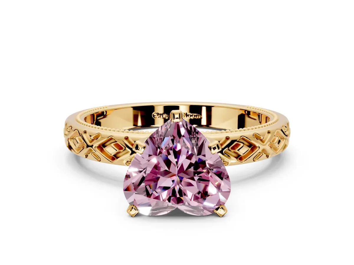 Solitaire Engagement Ring Setting for Fancy Pink Heart-Shaped Center with Milgrain X Pattern Band and Prong Head in Yellow Gold