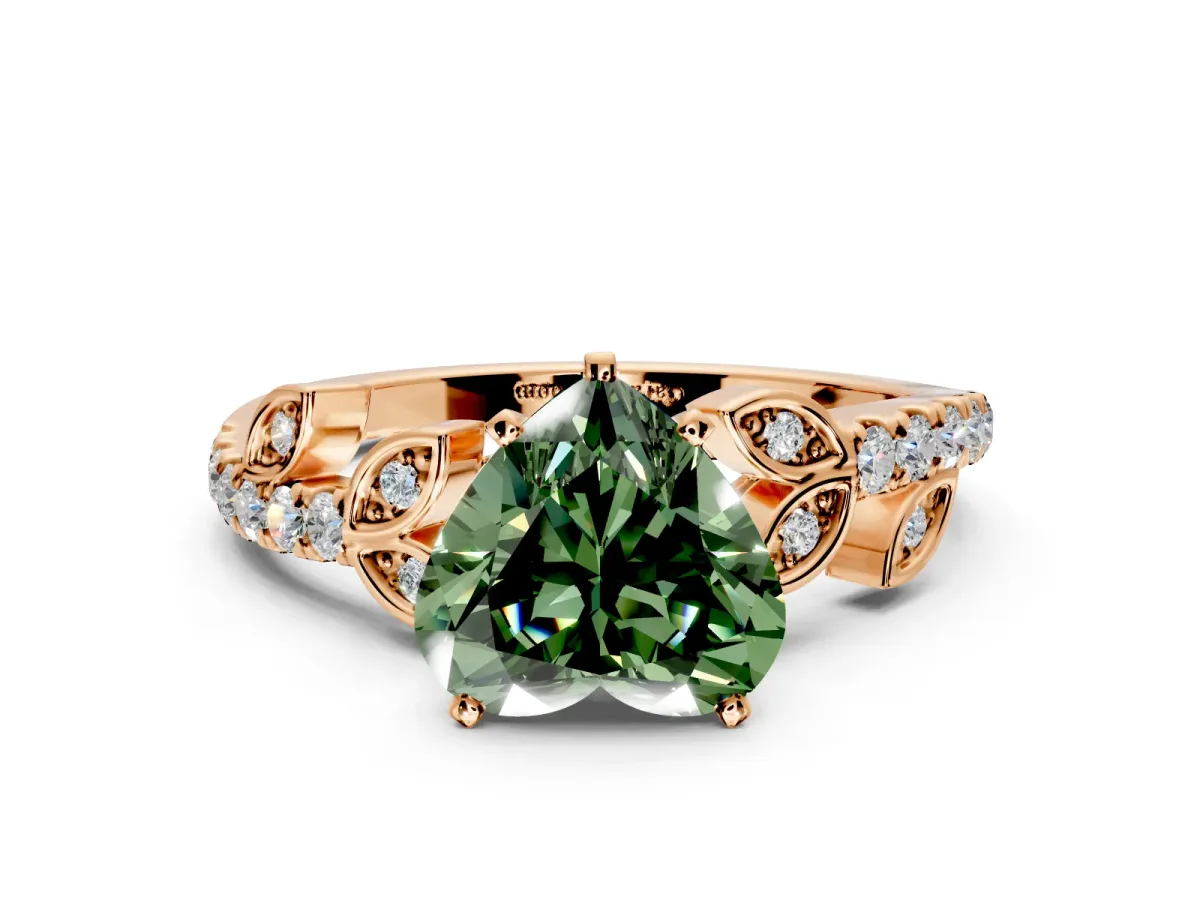 Leaf Motif Engagement Ring Setting for Fancy Green Heart-Shaped Center with Pave Band and Prong Head in Rose Gold