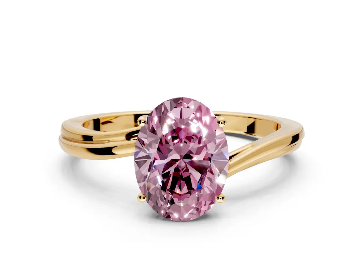 Solitaire Engagement Ring Setting for Fancy Pink Oval Center with Plain Bypass Twist Band and Prong Head in Yellow Gold