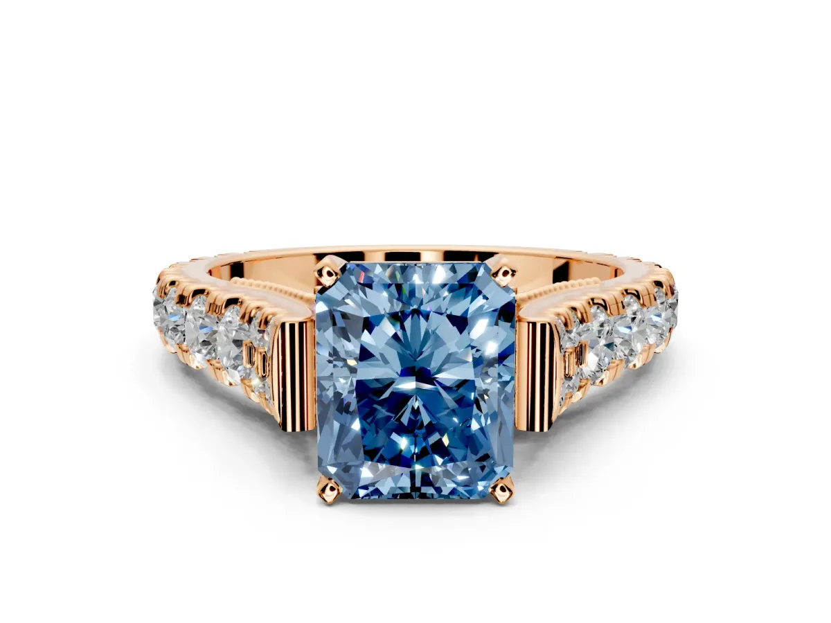 Solitaire Engagement Ring Setting for Fancy Blue Radiant Cut Center with Pave Cathedral Shoulders and Prong Head in Rose Gold