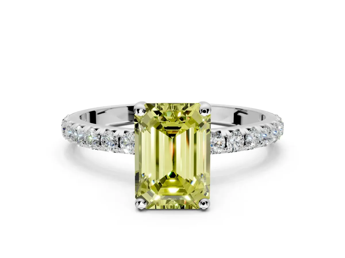 Solitaire Engagement Ring Setting for Fancy Yellow Emerald Cut Center with Micro Pave Band and Prong Head in White Gold
