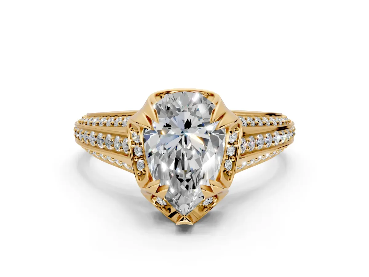 Solitaire Engagement Ring Setting for Pear-Shaped Center with Accented Split Shank and Prong Head in Yellow Gold