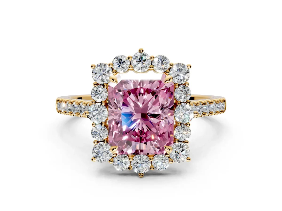 Halo Engagement Ring Setting for Fancy Pink Radiant Cut Center with Single-Row Pave, Open Basket and Prong Head in Yellow Gold