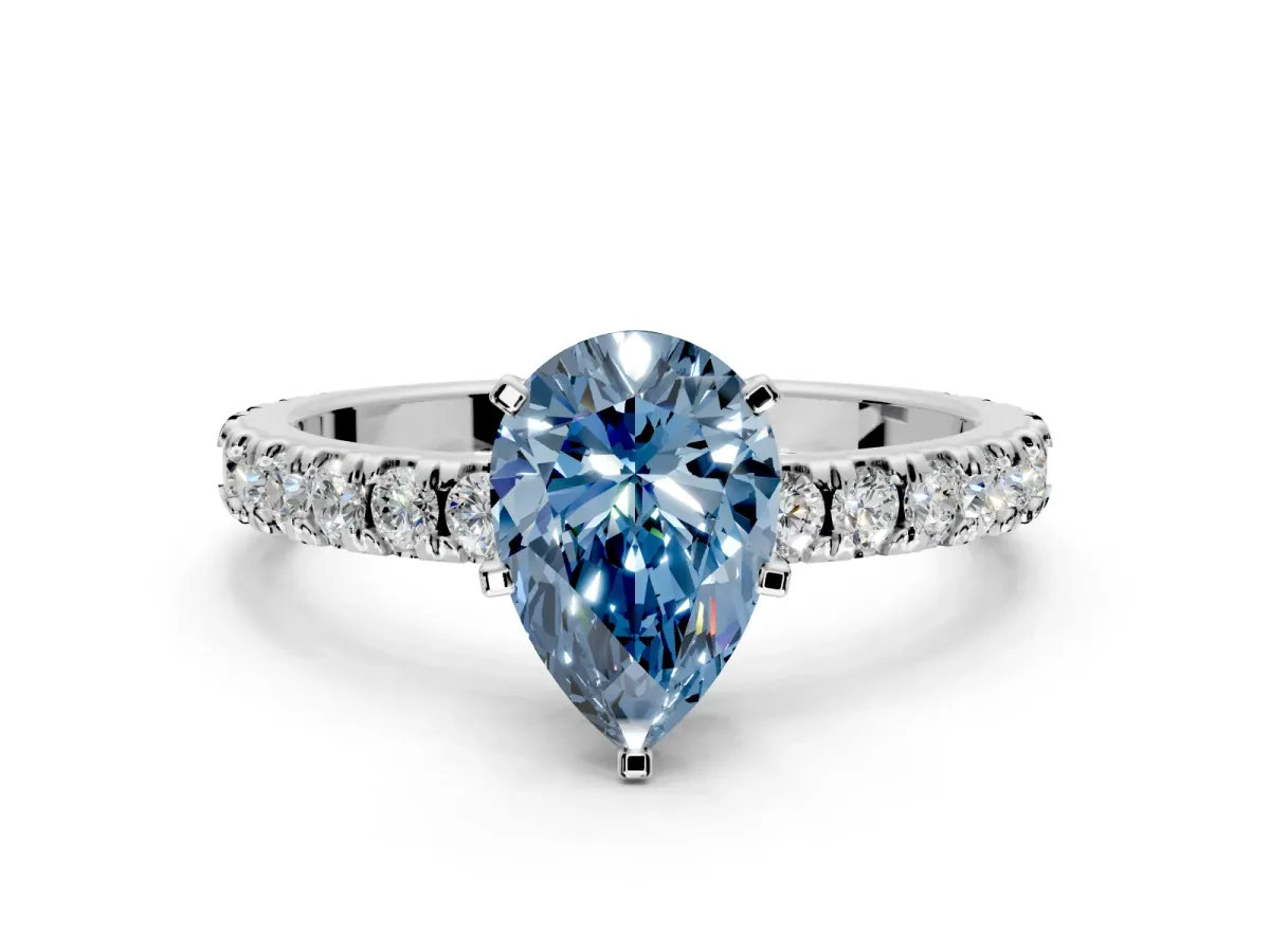 Solitaire Engagement Ring Setting for Fancy Blue Pear-Shaped Center with Fine Pave Band and Claw Prong Head in Sterling Silver