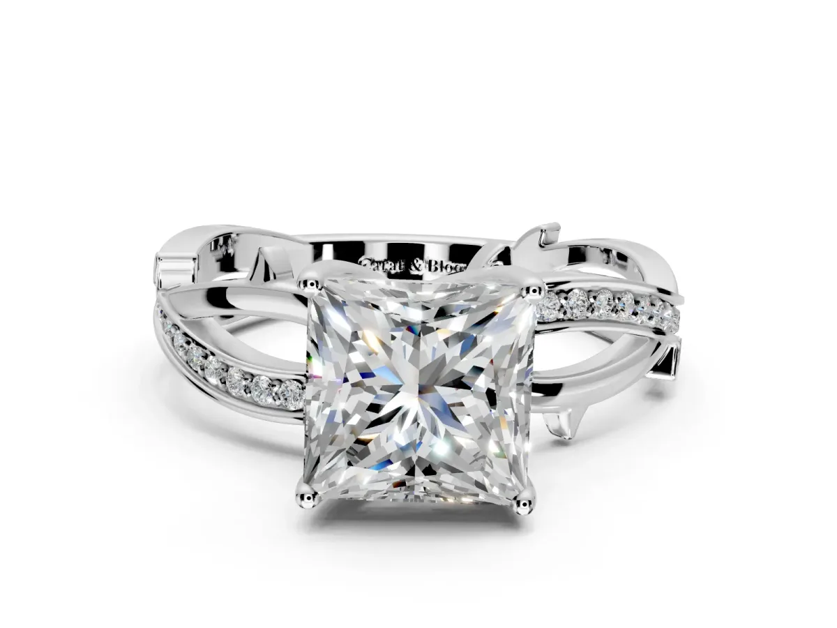 Solitaire Engagement Ring Setting for Princess Cut Center with Pave and Plain Crossover Band and Prong Head in Platinum