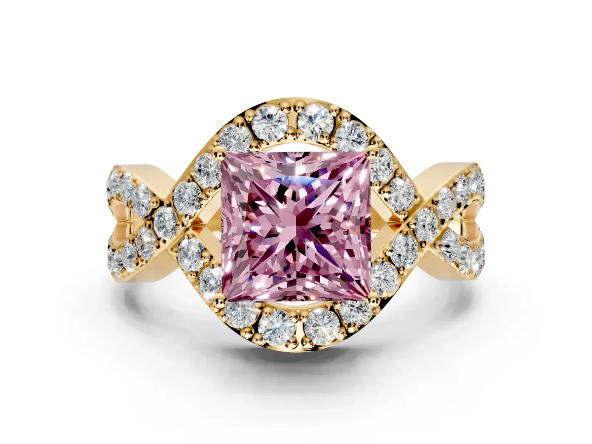 Halo Engagement Ring Setting for Fancy Pink Princess Cut Center with Pave Infinity Twist Band and Prong Head in Yellow Gold