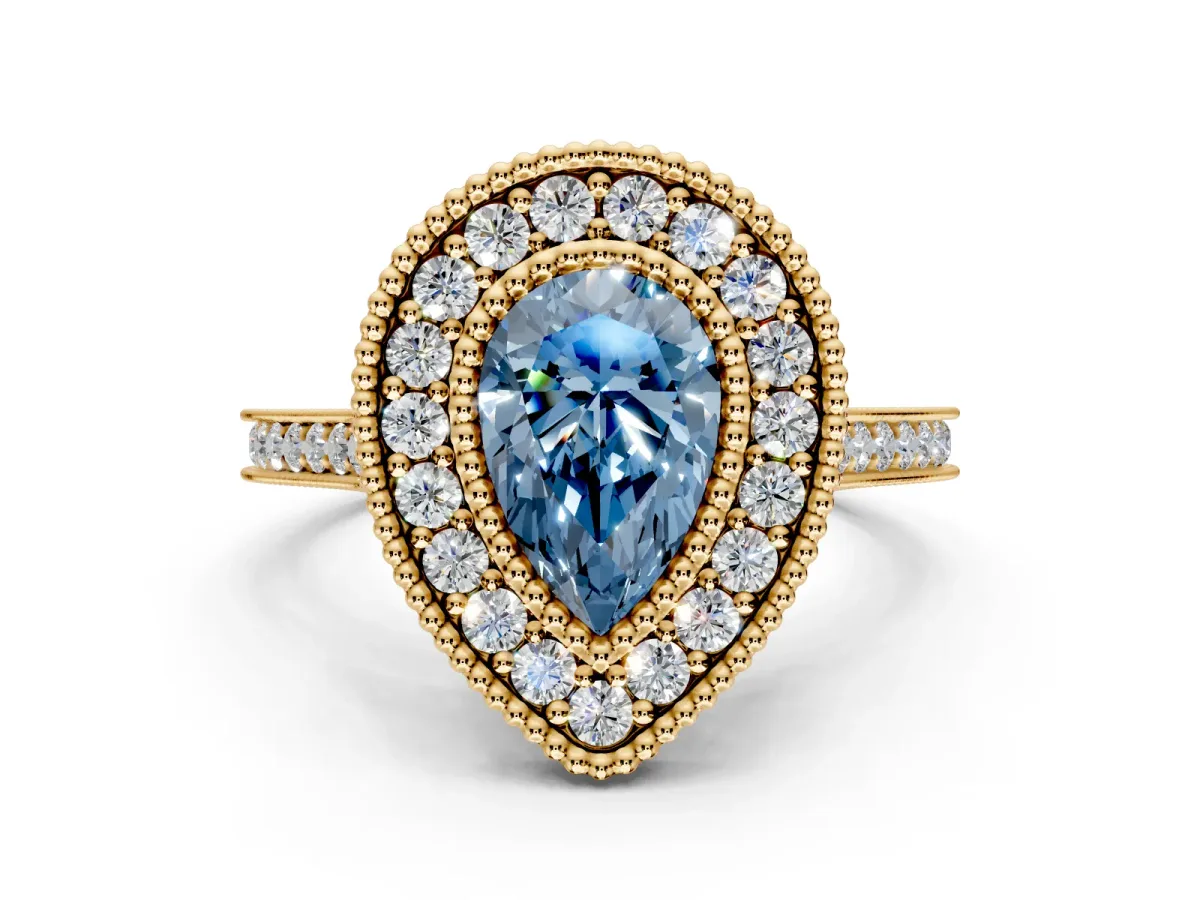 Halo Engagement Ring Setting for Fancy Blue Pear-Shaped Center with Milgrain Frame, Pave Band and Prong Head in Yellow Gold