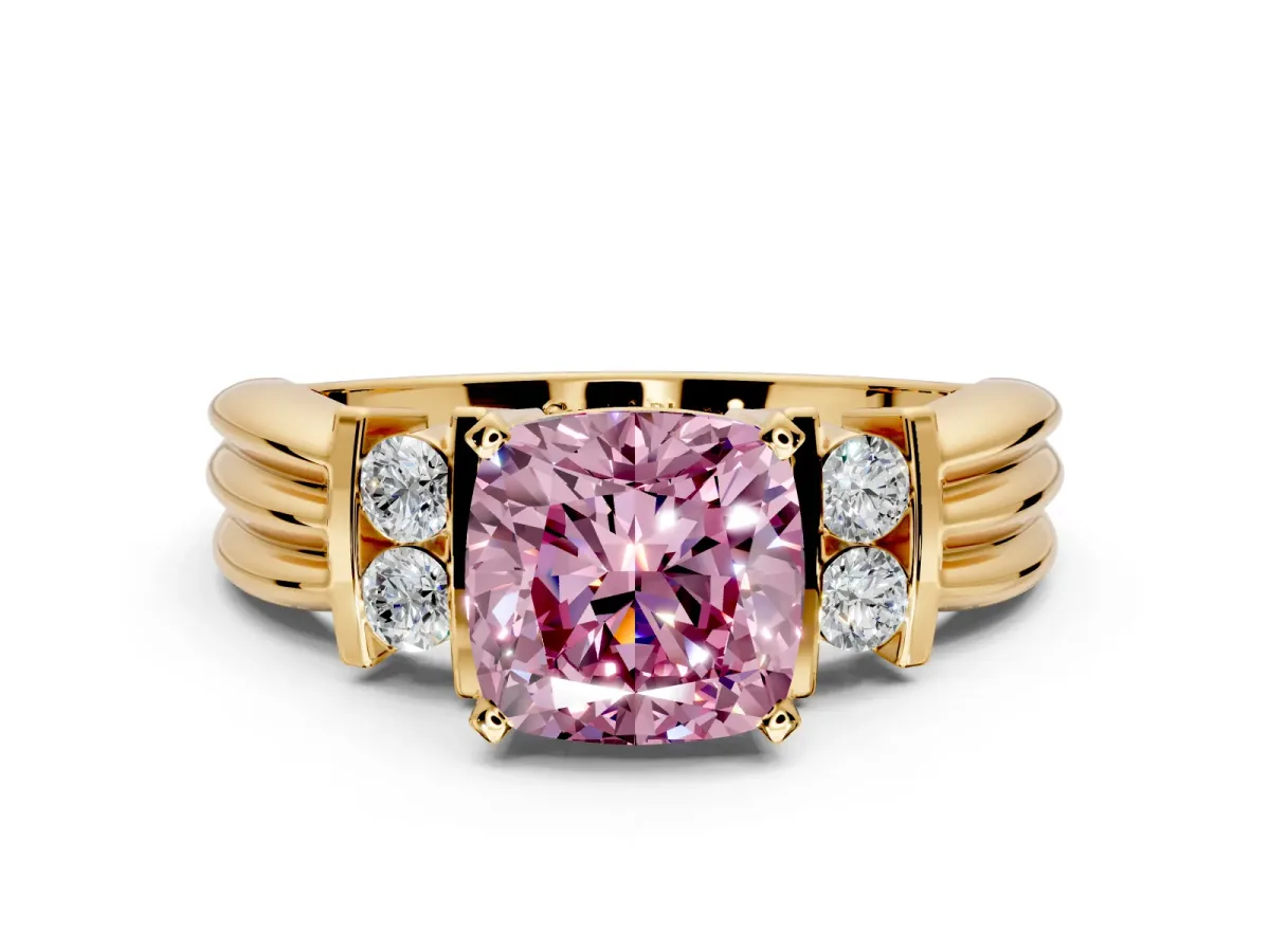 Solitaire Engagement Ring Setting for Fancy Pink Cushion Cut Center with Grooved Bar Accent Band and Prong Head in Yellow Gold
