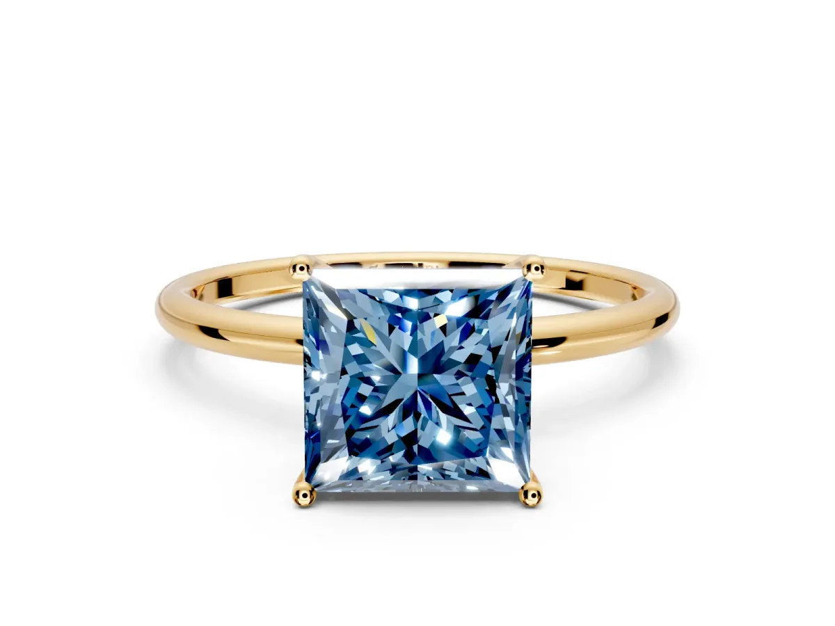 Solitaire Engagement Ring Setting for Fancy Blue Princess Cut Center with Straight Thin Band and Prong Head in Yellow Gold