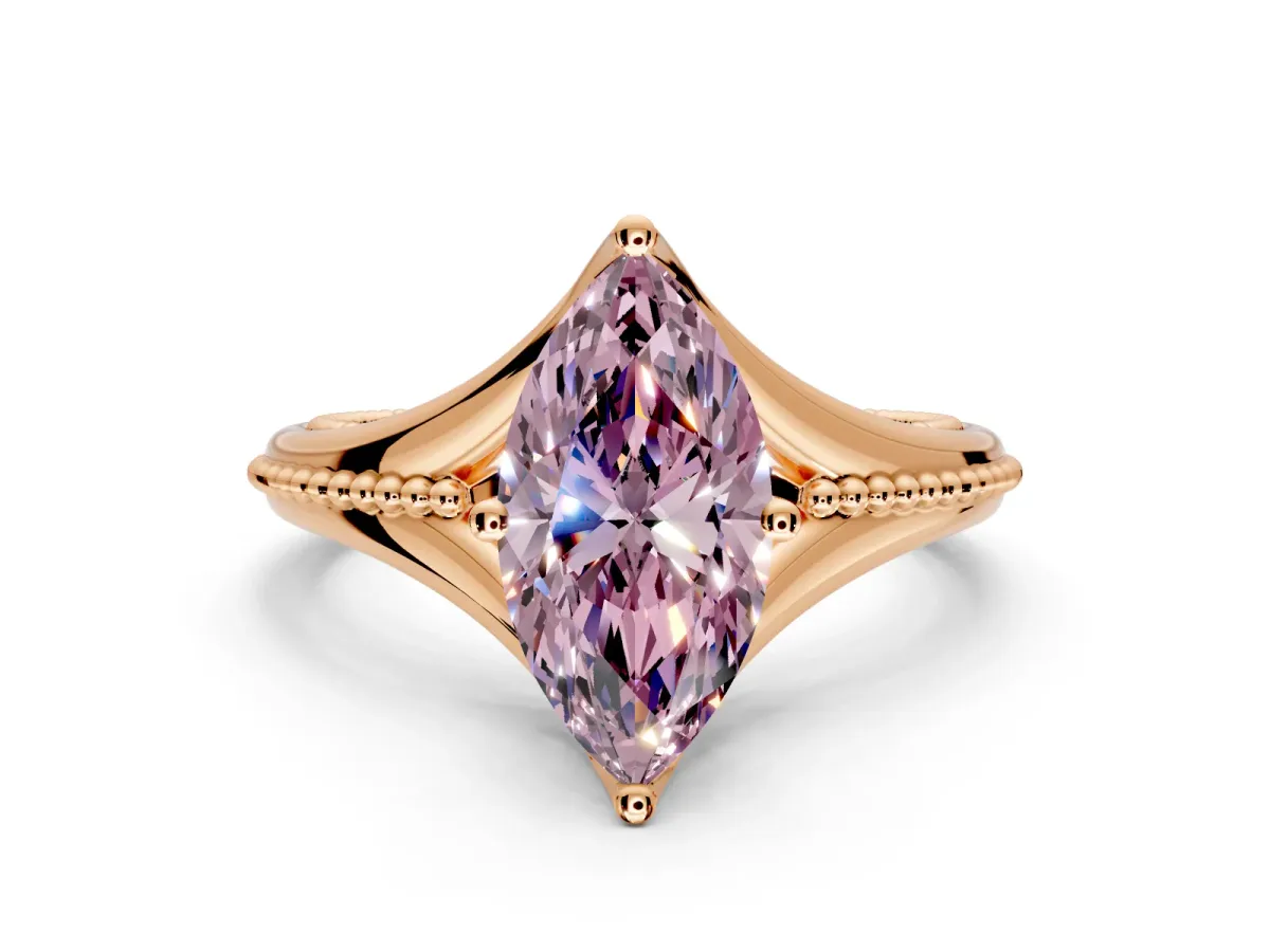 Solitaire Engagement Ring Setting for Fancy Pink Marquise Center with Milgrain Cathedral Band and Prong Head in Rose Gold
