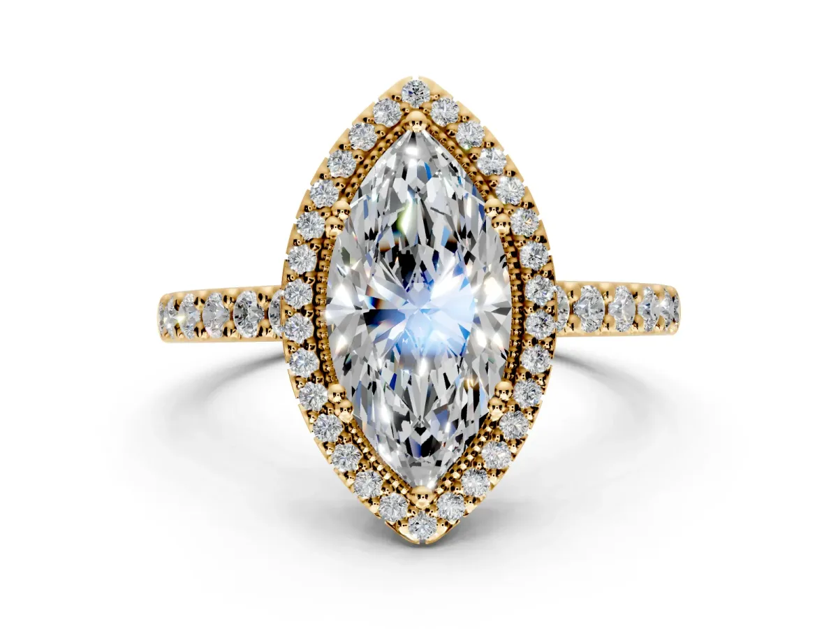Halo Engagement Ring Setting for Marquise Center with Inner Milgrain Border and Prong Head in Yellow Gold