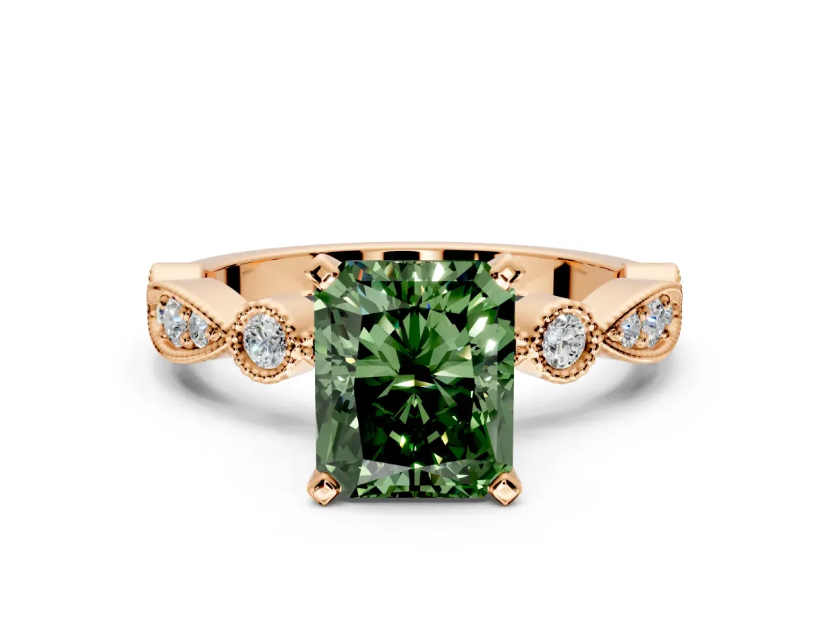 Solitaire Engagement Ring Setting for Fancy Green Radiant Cut Center with Milgrain Bezel Accents and Prong Head in Rose Gold