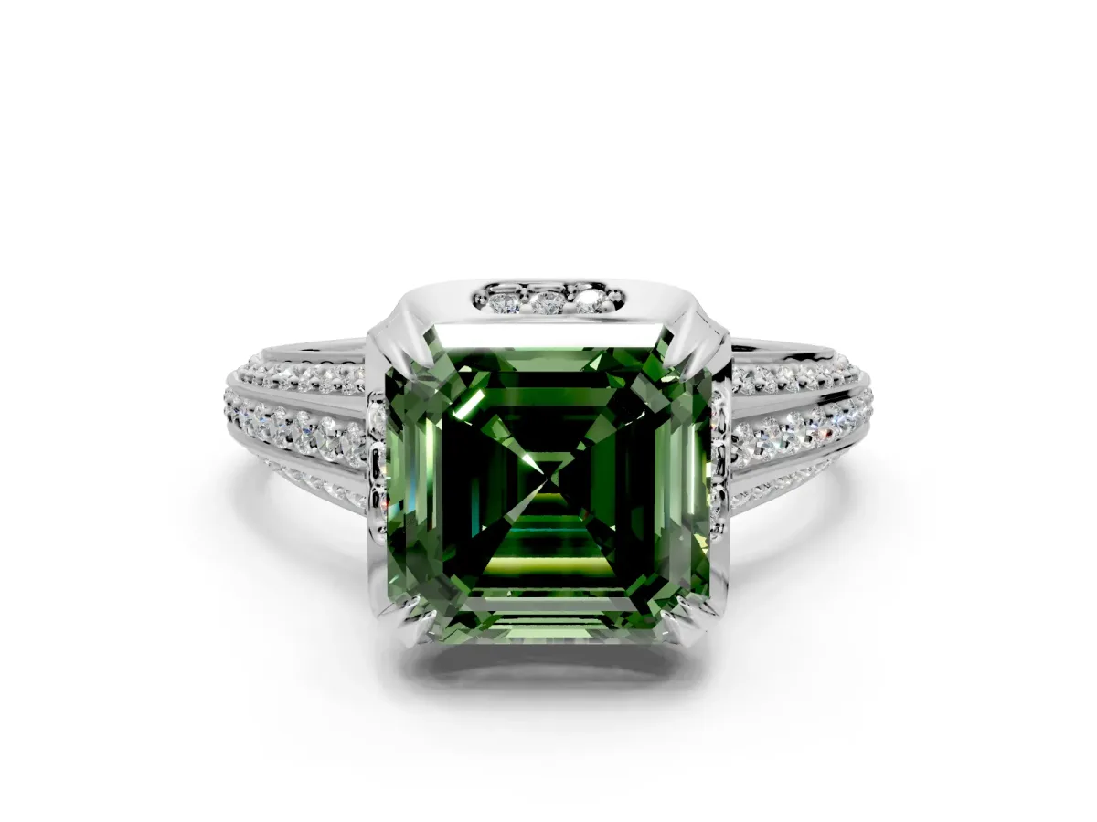 Solitaire Engagement Ring Setting for Fancy Green Asscher Cut Center with Accented Split Shank and Prong Head in Sterling Silver