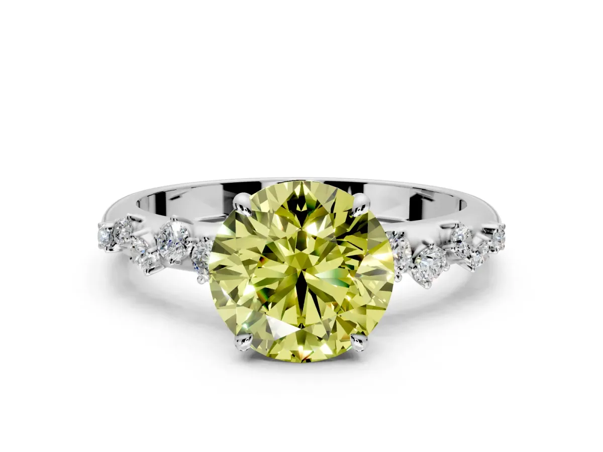 Cluster Engagement Ring Setting for Fancy Yellow Round Cut Center with Round Cut Accent Band and Prong Head in Sterling Silver