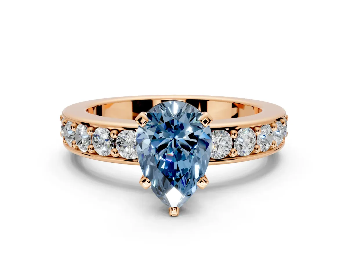 Solitaire Engagement Ring Setting for Fancy Blue Pear-Shaped Center with Channel-Set Accents and Prong Head in Rose Gold