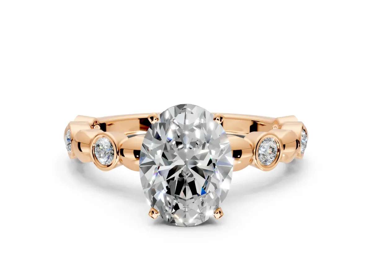 Solitaire Engagement Ring Setting for Oval Center with Beaded Bezel Station Band and Prong Head in Rose Gold