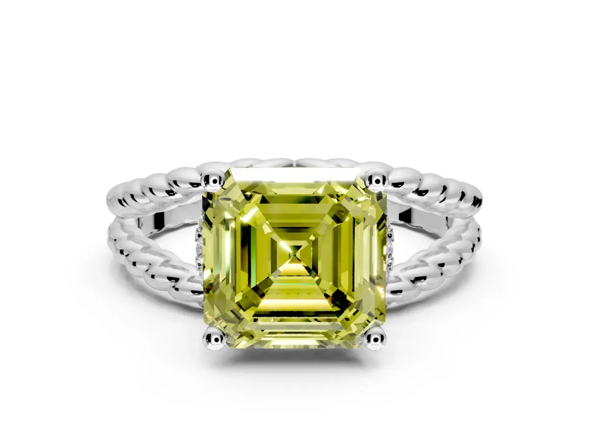 Halo Engagement Ring Setting for Fancy Yellow Asscher Cut Center with Rope Twist Split Shank and Prong Head in Sterling Silver