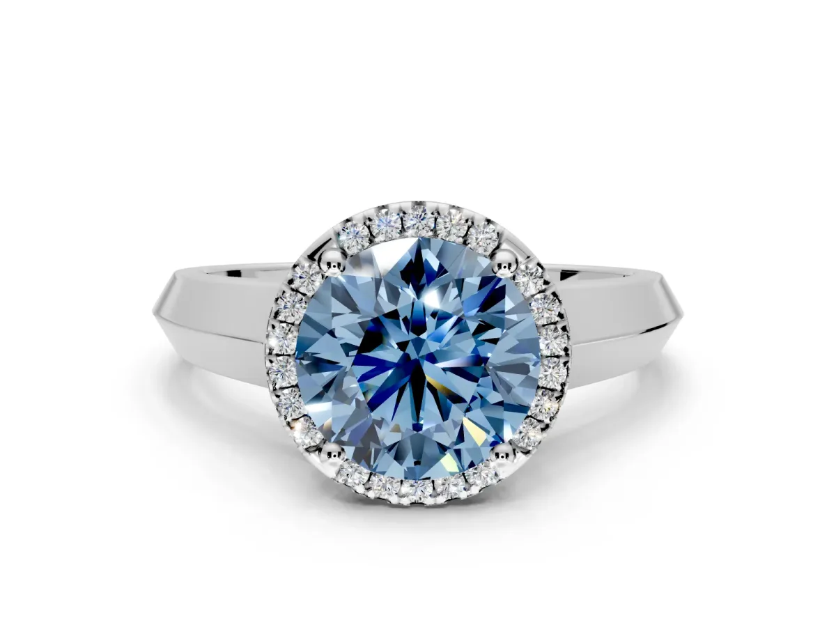 Halo Engagement Ring Setting for Fancy Blue Round Cut Center with Knife Ridge Cathedral Band and Prong Head in Sterling Silver