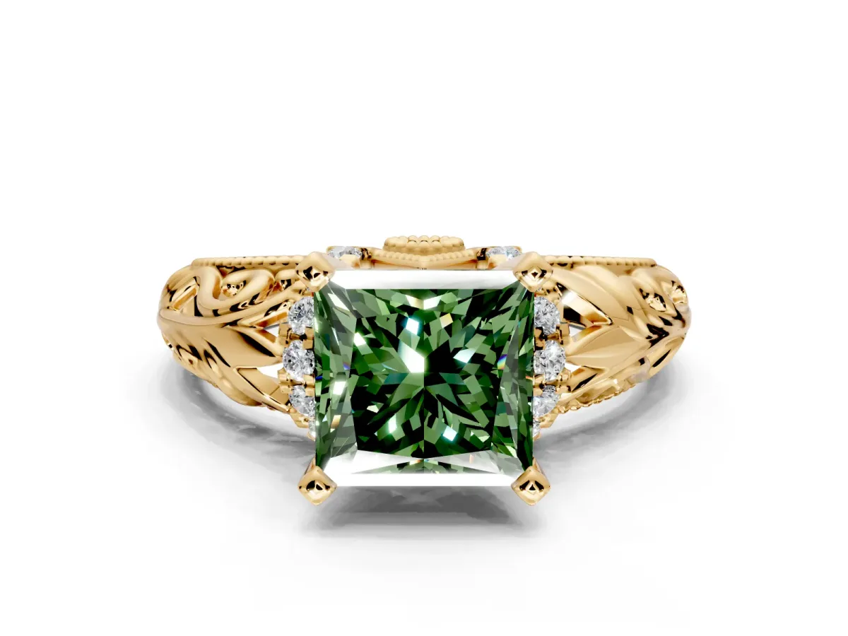 Solitaire Engagement Ring Setting for Fancy Green Princess Cut Center with Filigree Accent Basket and Prong Head in Yellow Gold
