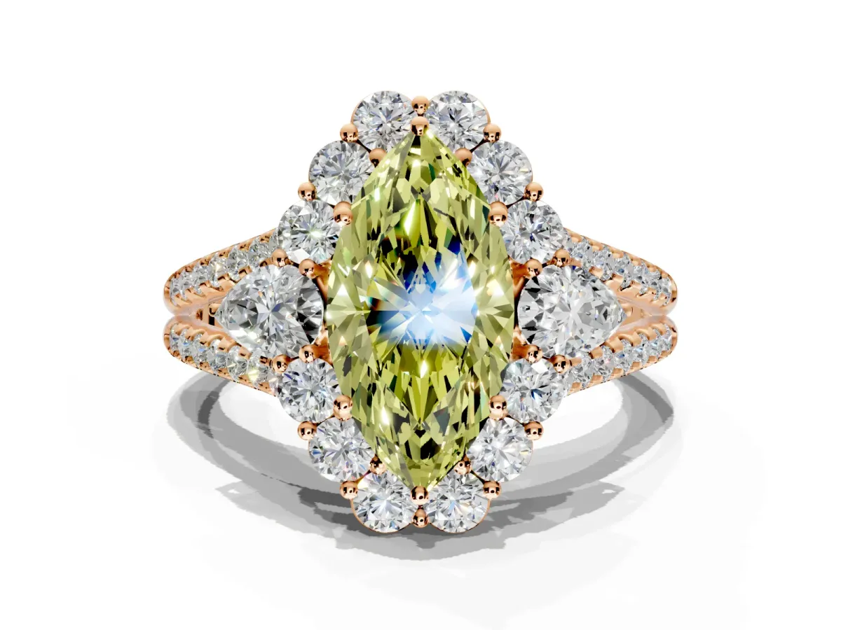 Halo Engagement Ring Setting for Fancy Yellow Marquise Center with Two-Strand Split Shank and Prong Head in Rose Gold