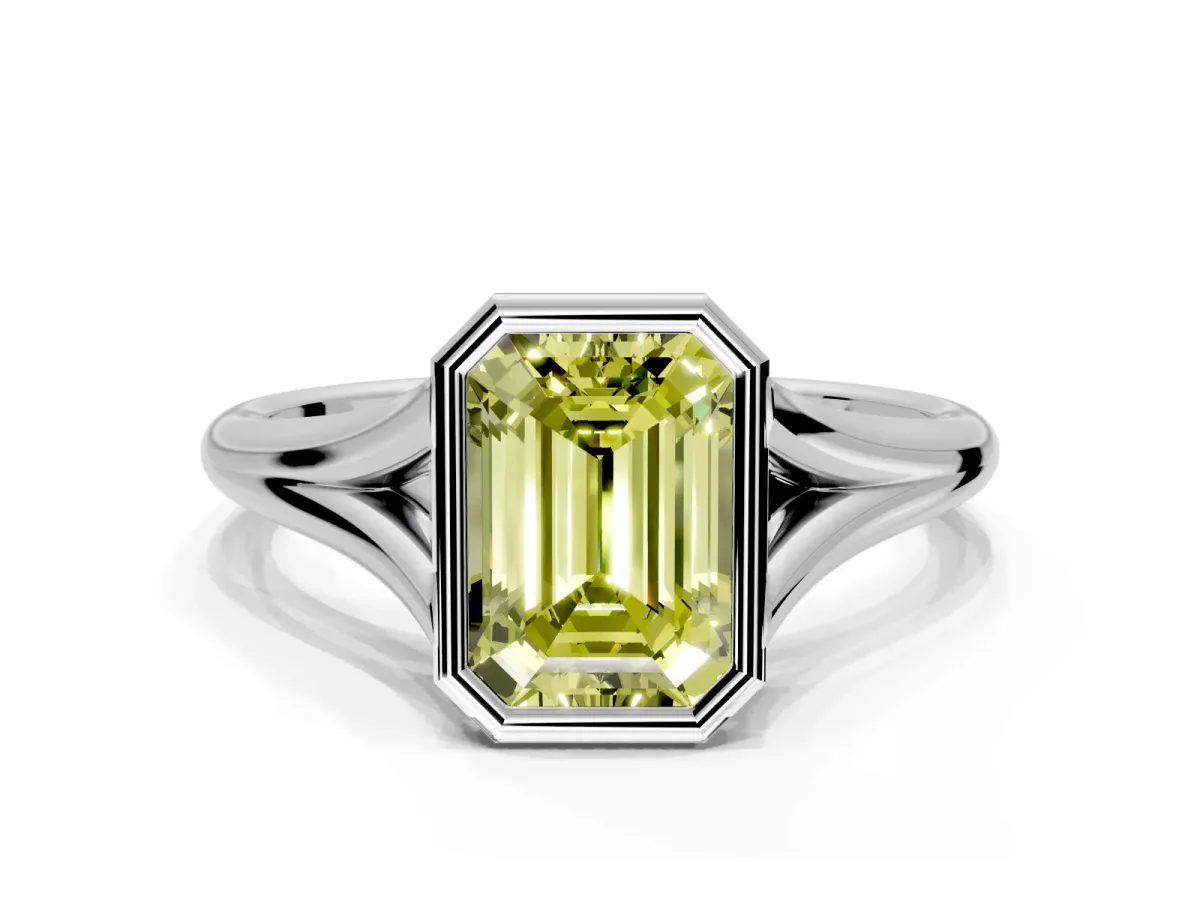Solitaire Engagement Ring Setting for Fancy Yellow Emerald Cut Center with V Split Shank and Bezel Head in Platinum