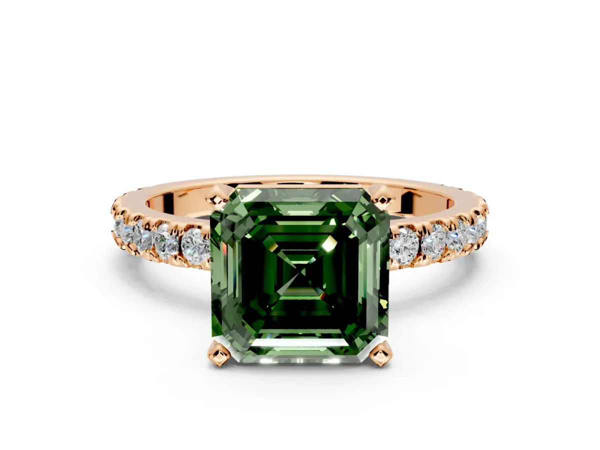 Solitaire Engagement Ring Setting for Fancy Green Asscher Cut Center with Fine Pave Band and Claw Prong Head in Rose Gold