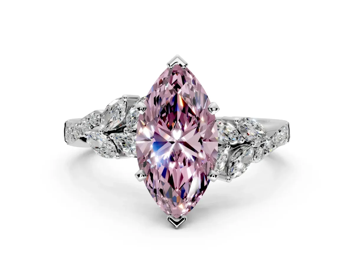 Solitaire Engagement Ring Setting for Fancy Pink Marquise Center with Marquise Accent Twist Band and Prong Head in White Gold