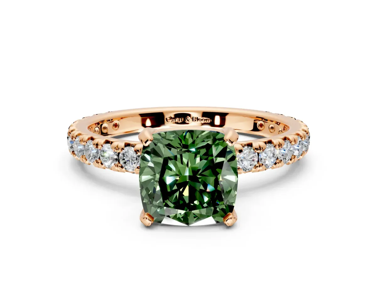 Solitaire Engagement Ring Setting for Fancy Green Cushion Cut Center with Shared-Prong Accents and Prong Head in Rose Gold