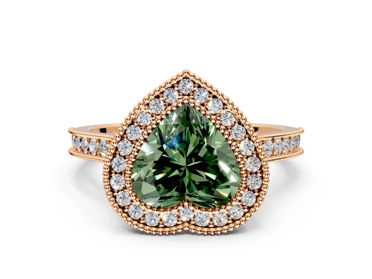Halo Engagement Ring Setting for Fancy Green Heart-Shaped Center with Milgrain Pave Band and Bezel Head in Rose Gold