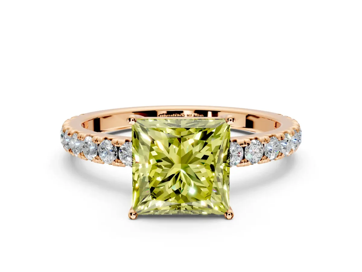 Solitaire Engagement Ring Setting for Fancy Yellow Princess Cut Center with Large Accent Band and Prong Head in Rose Gold