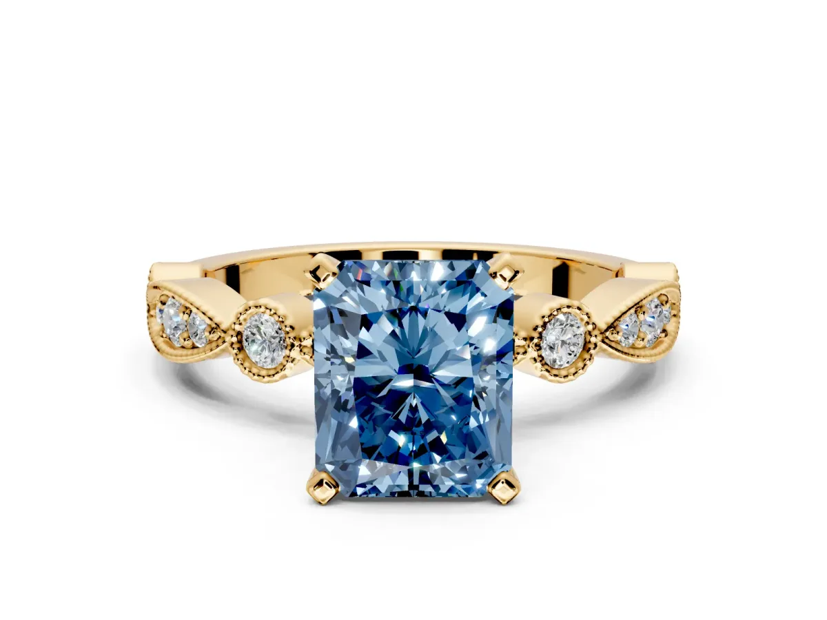 Solitaire Engagement Ring Setting for Fancy Blue Radiant Cut Center with Milgrain Bezel Accents and Prong Head in Yellow Gold
