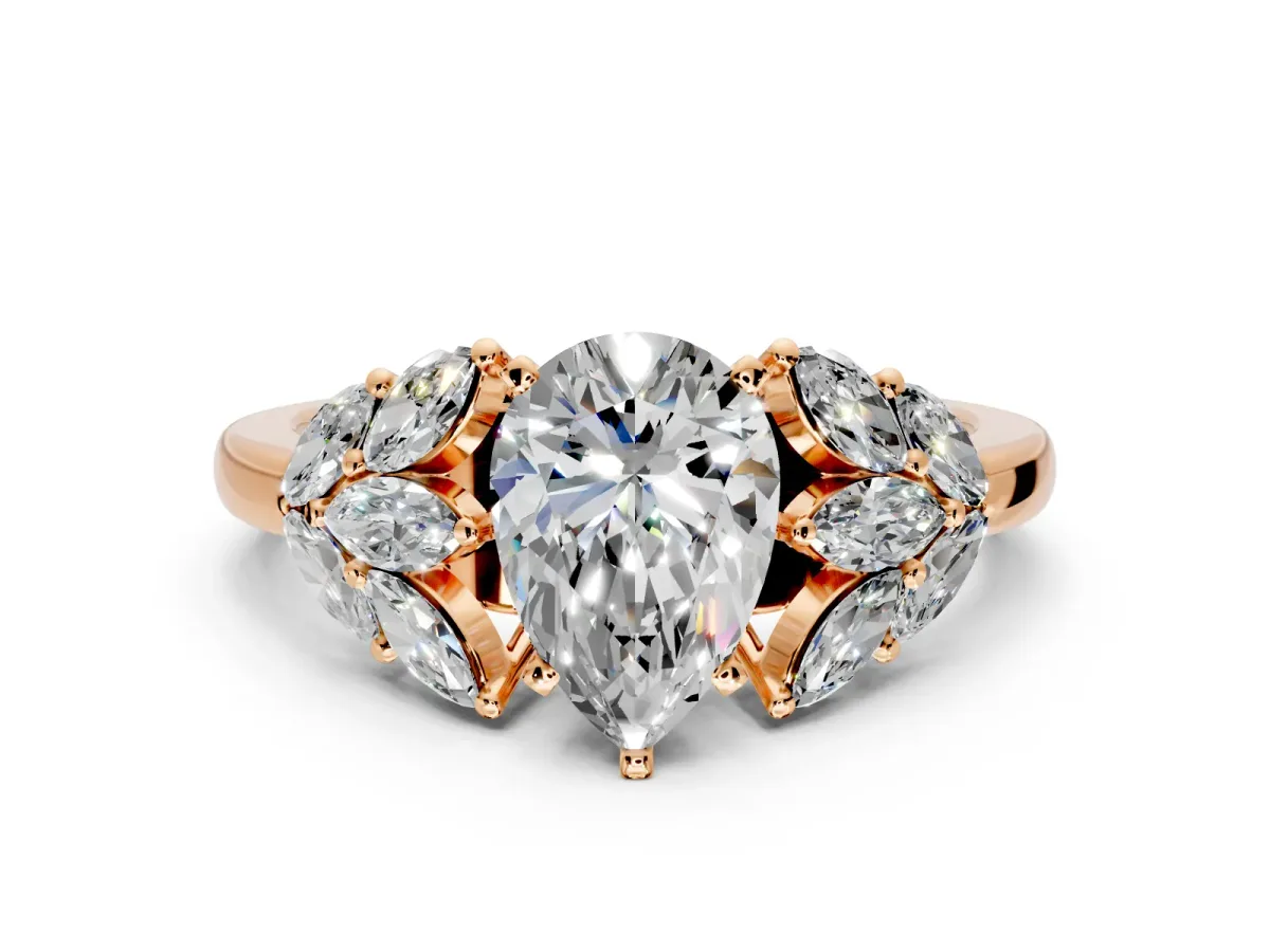 Leaf Cluster Engagement Ring Setting for Pear-Shaped Center with Marquise Accents and Prong Head in Rose Gold