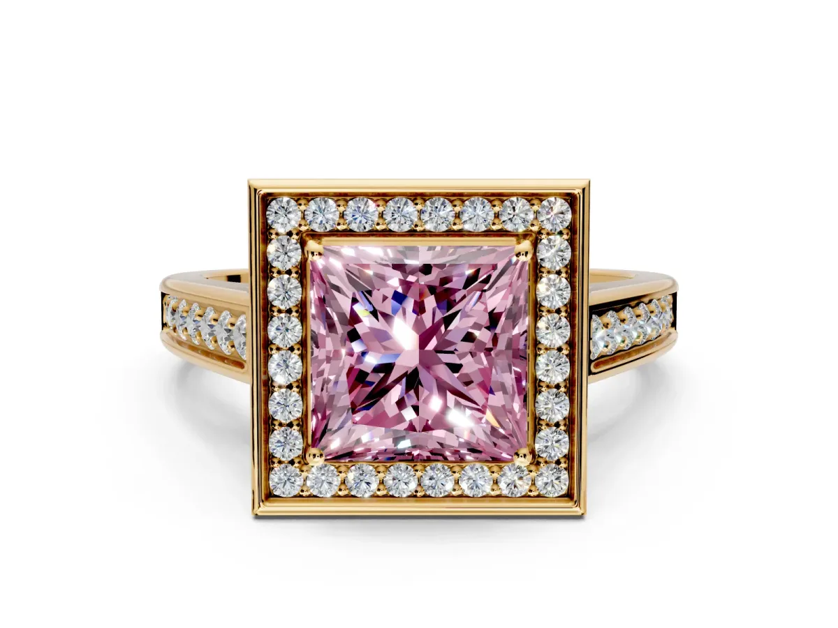 Halo Engagement Ring Setting for Fancy Pink Princess Cut Center with Outer Bezel Rim, Pave Band and Prong Head in Yellow Gold
