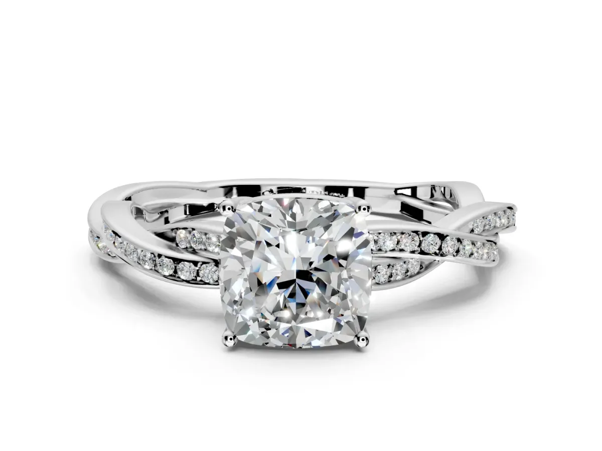 Solitaire Engagement Ring Setting for Cushion Cut Center with Twisted Pave Band and Prong Head in Sterling Silver
