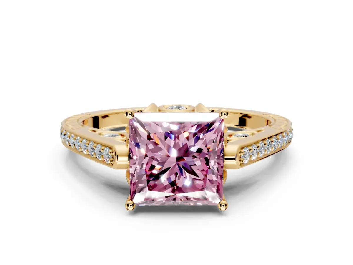 Cathedral Engagement Ring Setting for Fancy Pink Princess Cut Center with Antique-Style Pave Band and Prong Head in Yellow Gold