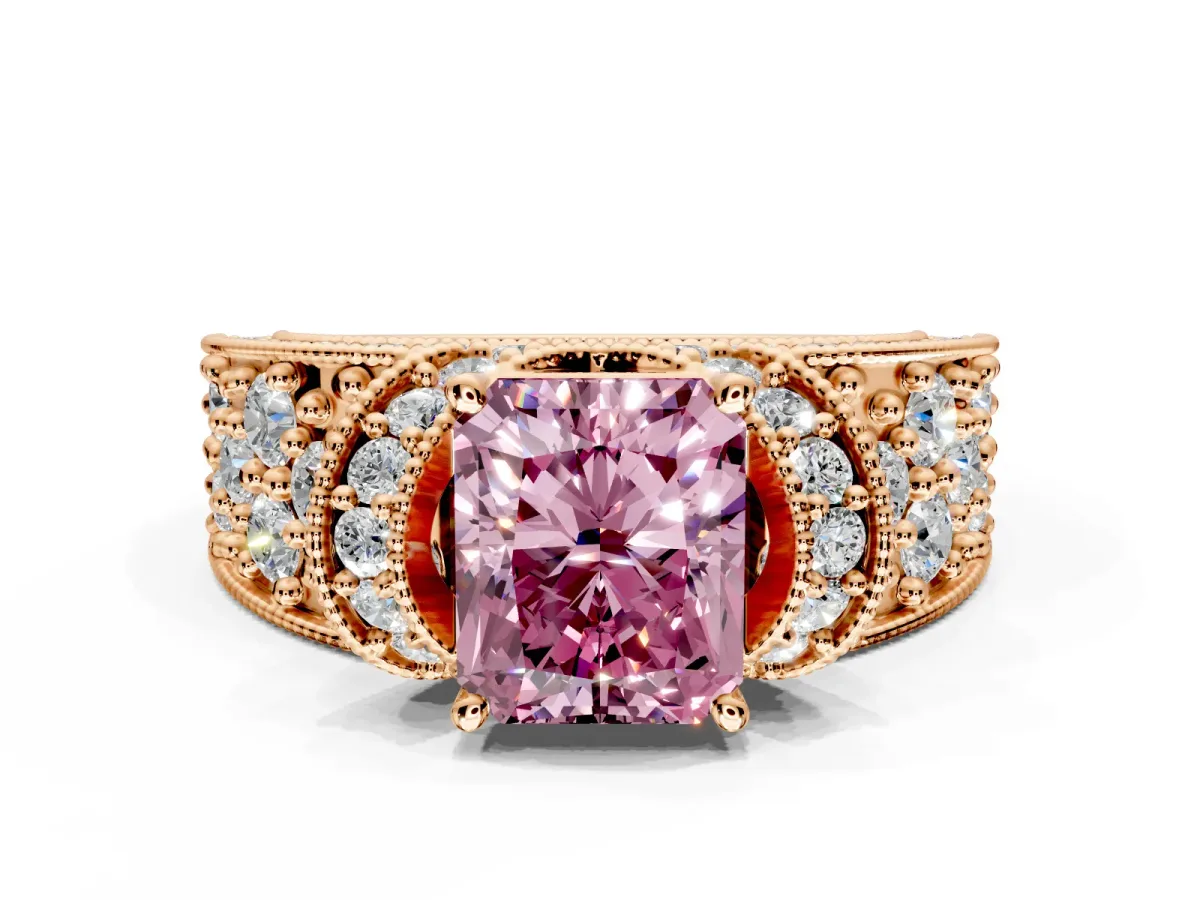 Pave Engagement Ring Setting for Fancy Pink Radiant Cut Center with Curved Accent Rows, Openwork and Prong Head in Rose Gold