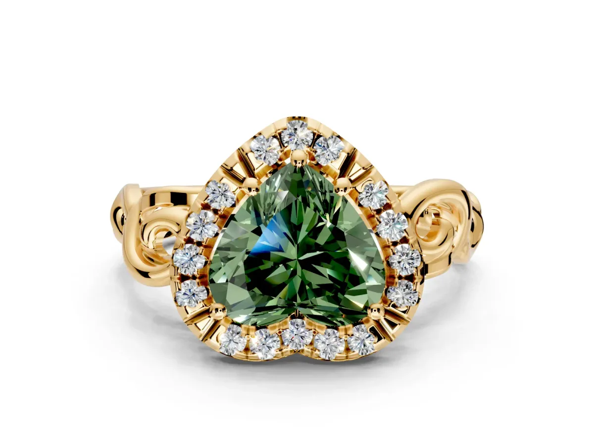 Halo Engagement Ring Setting for Fancy Green Heart-Shaped Center with Open Scroll Shoulders and Prong Head in Yellow Gold