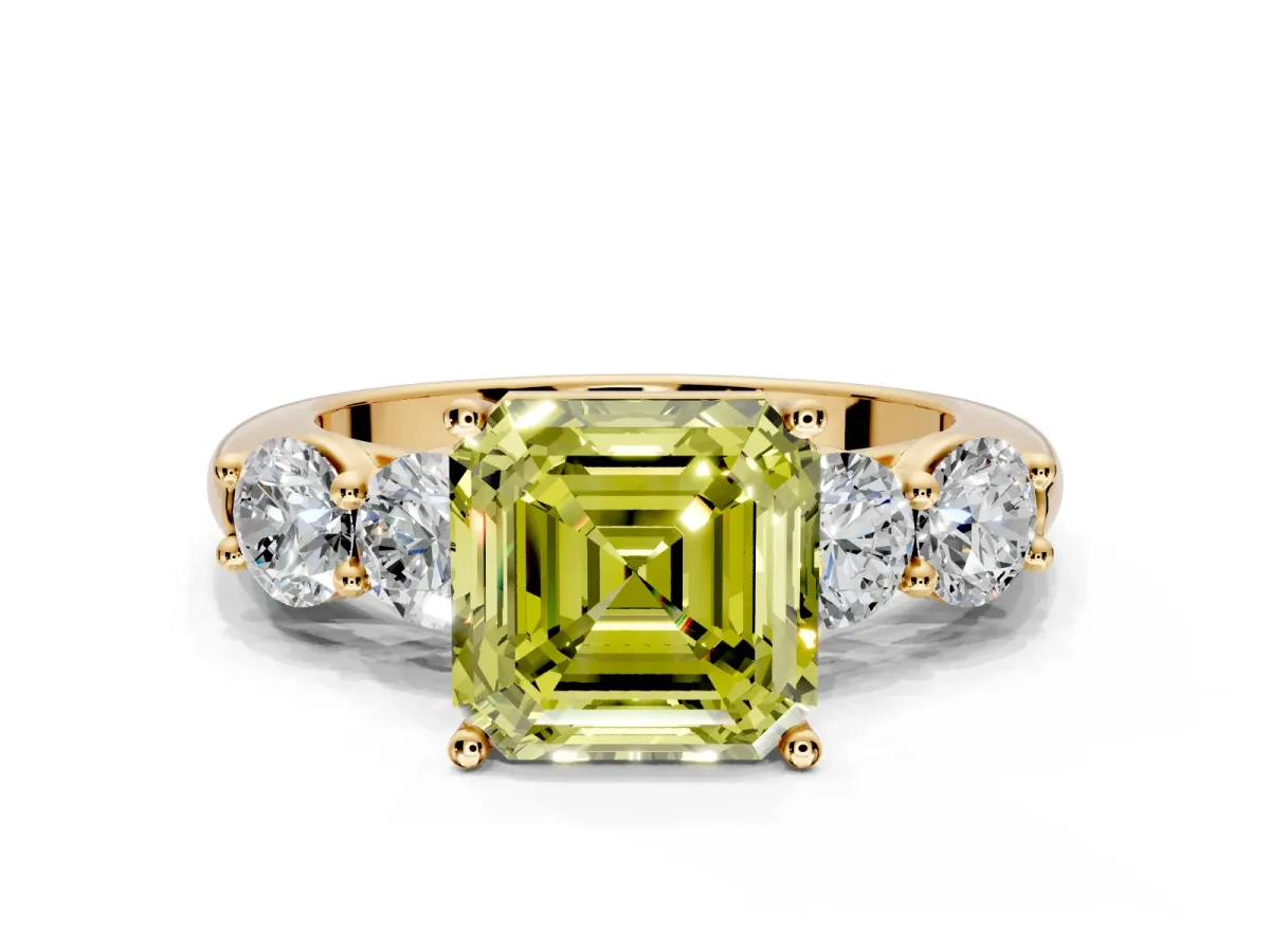 5 Stone Engagement Ring Setting for Fancy Yellow Asscher Cut Center with Graduated Accents and Prong Head in Yellow Gold