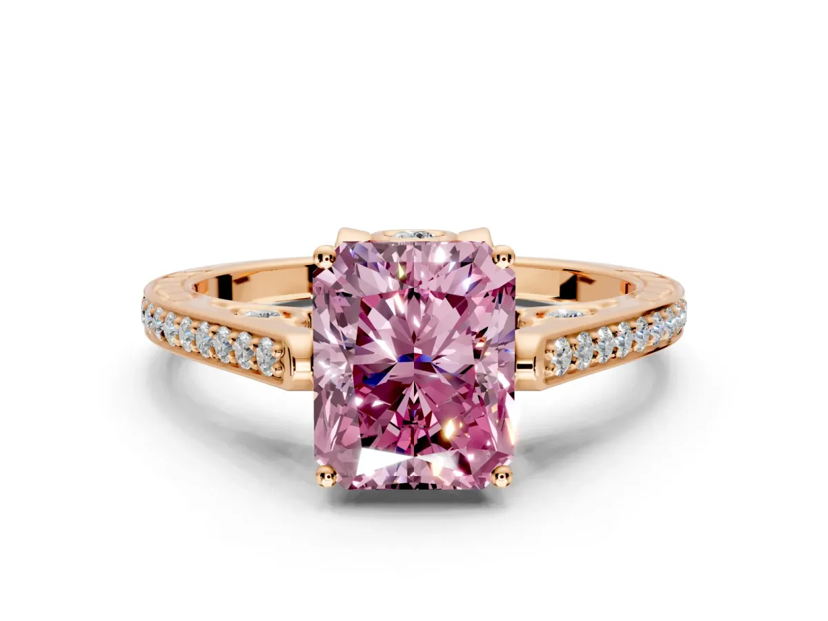 Cathedral Engagement Ring Setting for Fancy Pink Radiant Cut Center with Antique-Style Pave Band and Prong Head in Rose Gold